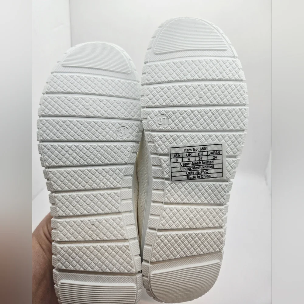 White Flats Walking, Comfortable Breathable Slip on Casual Mesh Shoes Size 6
